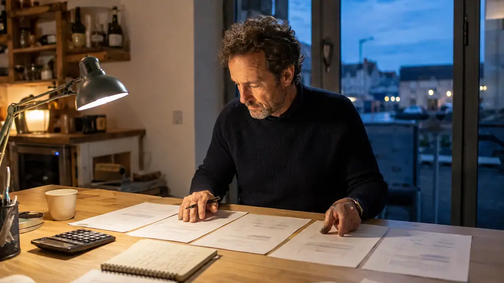 Editorial photograph of an evening trader comparing five offer sheets beside a calculator and a handwritten risk checklist, no visible text or logos