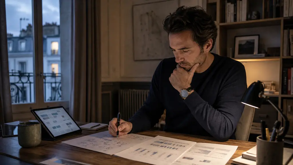Editorial photograph of an evening trader checking a payout calendar, drawdown calculations and a 5K account comparison sheet, no visible text or logos