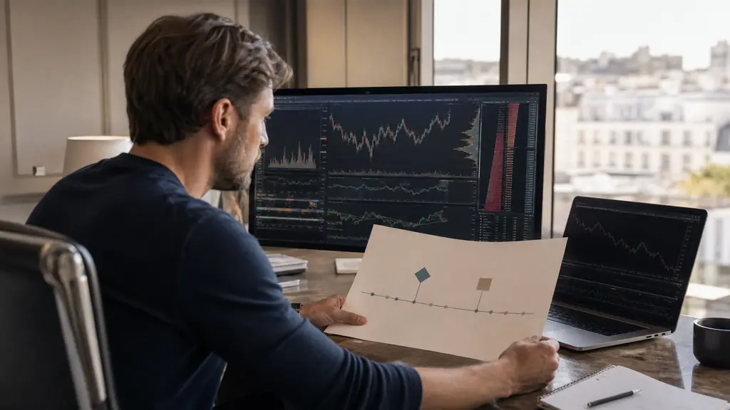 Editorial photograph of a futures trader comparing a Topstep platform screen with a printed timeline showing the Plus500 partnership and the BullRush acquisition, no visible text or logos