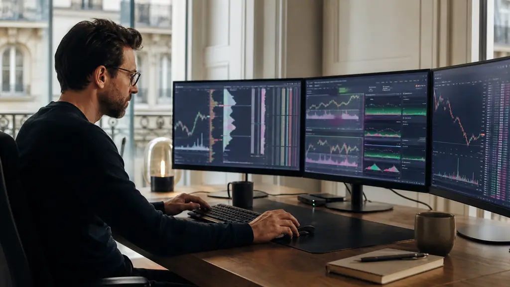 Editorial photograph of a trader testing a futures order ladder on NinjaTrader beside a Match-Trader interface and a crypto market screen, no visible text or logos