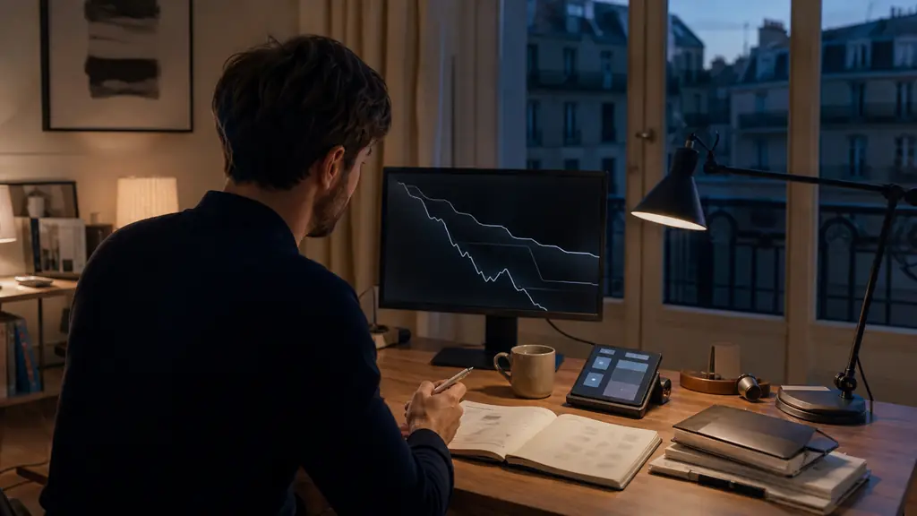 A disciplined evening trader at a home desk comparing a drawdown chart, a challenge fee calculator and a risk management notebook, editorial photography, no visible text or logos