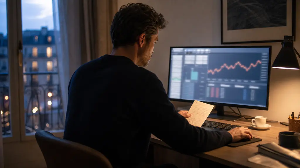 An evening futures trader testing an automated order workflow on a monitor, checking stop orders and position sizes beside a handwritten daily risk limit, editorial photography, no visible text or logos