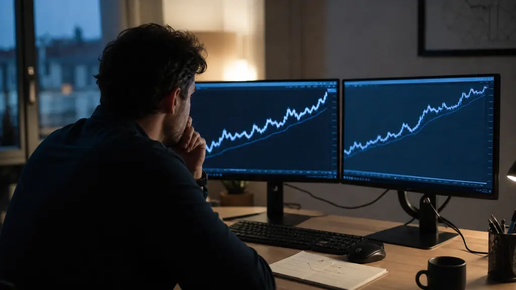 Evening futures trader monitoring a rising account balance and a tight trailing drawdown line across two computer screens, with a handwritten risk limit beside the keyboard, editorial photography, no text, no logo