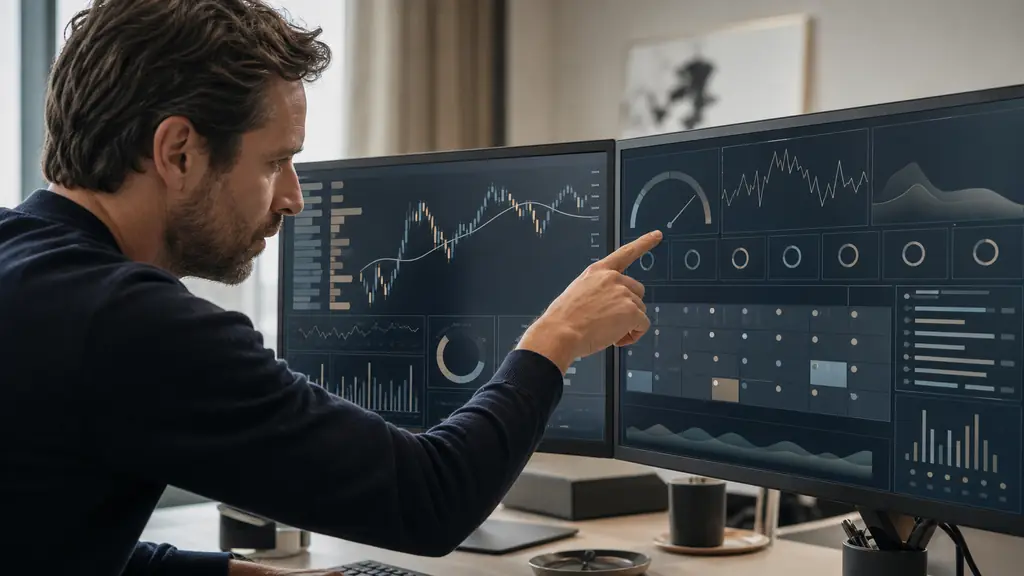 Futures trader comparing two platform dashboards on dual monitors, pointing at a tight trailing drawdown gauge beside a twice-monthly payout calendar, editorial photography, no text, no logo