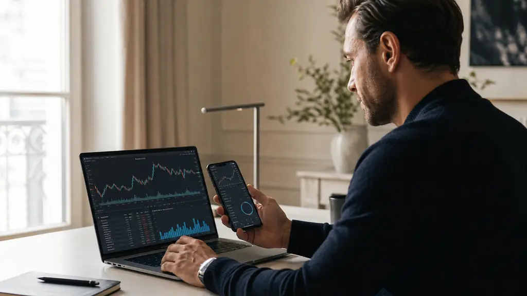 A professional trader comparing trading apps on a smartphone and laptop at a clean desk, checking charts and fee details, natural light, editorial photography, no text, no logo