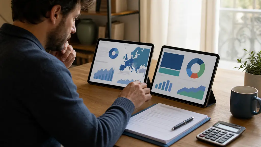 French saver at a wooden desk comparing a PEA portfolio of European shares with a multisupport life insurance allocation showing a euro fund and investment units on two unbranded tablet screens, beneficiary form and calculator nearby, editorial photography, no text, no logos