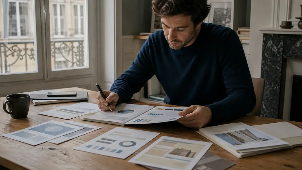 French saver reviewing a European equity ETF factsheet beside a life insurance allocation with euro fund, bond fund and SCPI documents on a wooden desk, editorial photography, no text, no logos