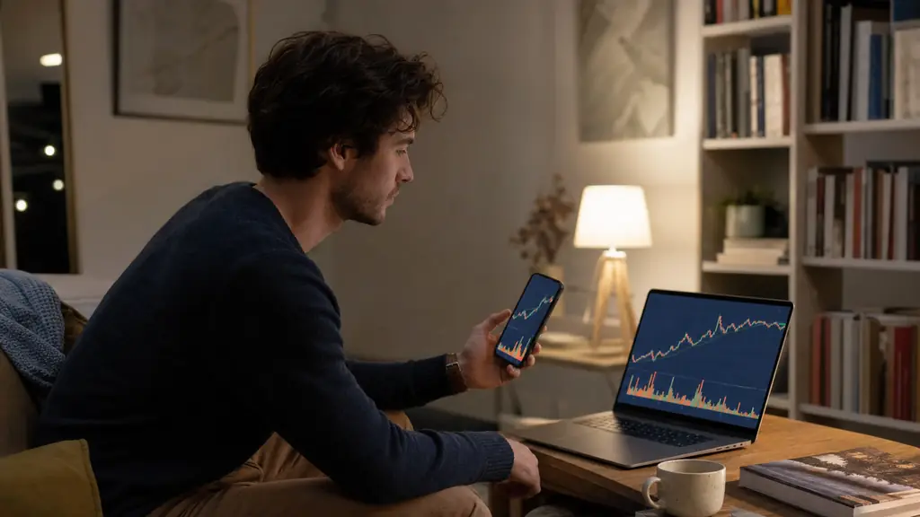A French retail investor in his late twenties reviewing a mobile trading app and a laptop with market charts at home in the evening, realistic editorial photography, neutral lighting, no text, no logo