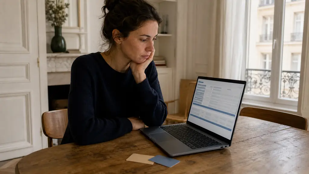 young professional at home comparing an annual bank fee statement on a laptop beside two unbranded bank cards, editorial photography, no text, no logos