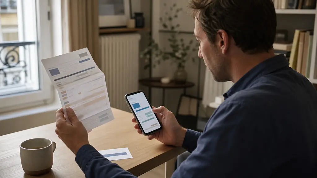 customer comparing a paper bank fee schedule with a mobile banking app while an appointment card for a branch adviser rests on the desk, editorial photography, no text, no logos