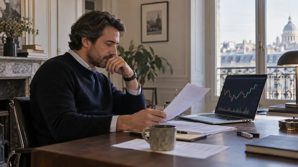 editorial photograph of a trader reviewing evaluation terms beside a laptop displaying a crypto candlestick terminal and a hardware wallet, no readable text or logos