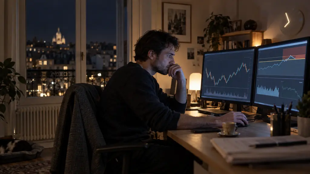 editorial photograph of a crypto trader checking an overnight open position at 00:30 UTC beside a risk dashboard showing a fixed equity threshold, no readable text or logos