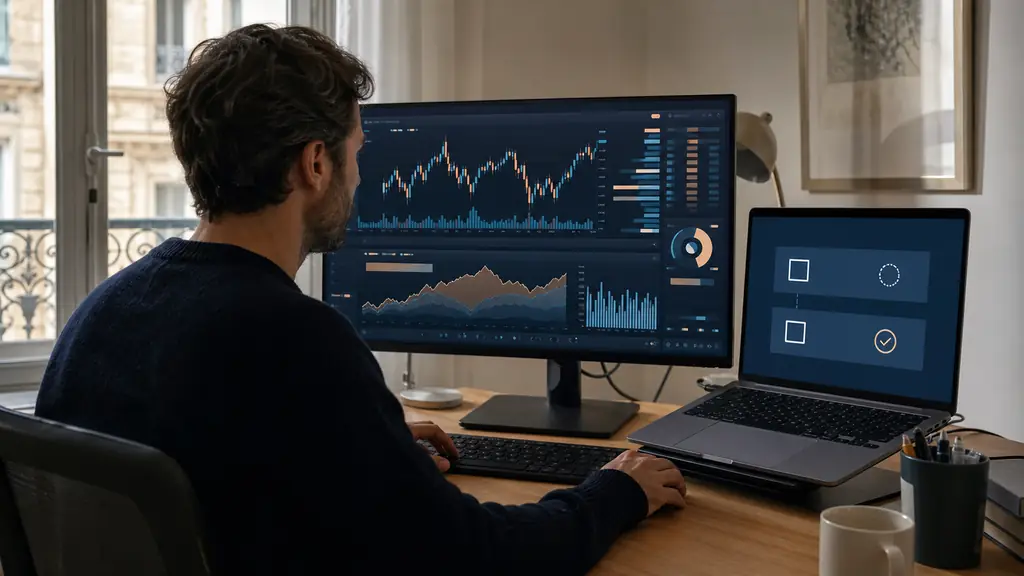 A trader at a home desk entering newly received credentials into a TradeLocker-style trading terminal, with an equity dashboard and a two-step evaluation checklist visible on separate screens, no text or logos