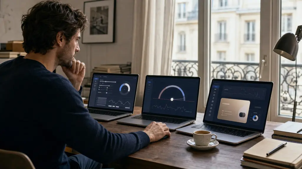 A trader comparing three evaluation pathways on separate laptop screens, with a position size calculator, a static drawdown gauge and an instant funding account card visible, no text or logos