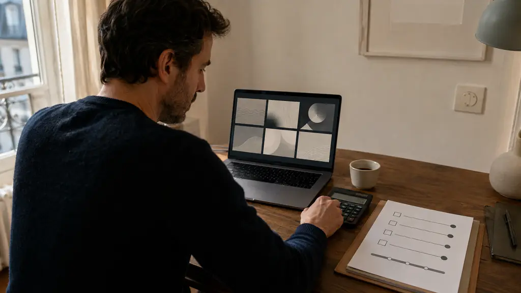 A trader at a home desk comparing six challenge options on a laptop, using a calculator beside a four-stage risk checklist, documentary photography, no visible text or logos