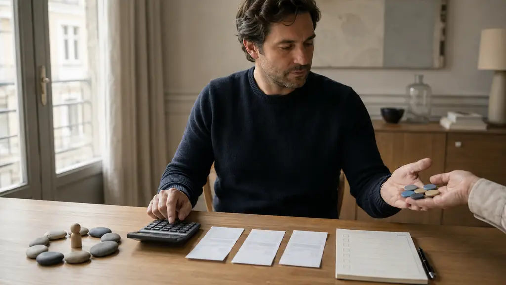 A trader using a calculator beside three payment receipts and a challenge retry checklist, with a reset option and payout refund represented by unmarked colored tokens, editorial photography, no visible text or logos