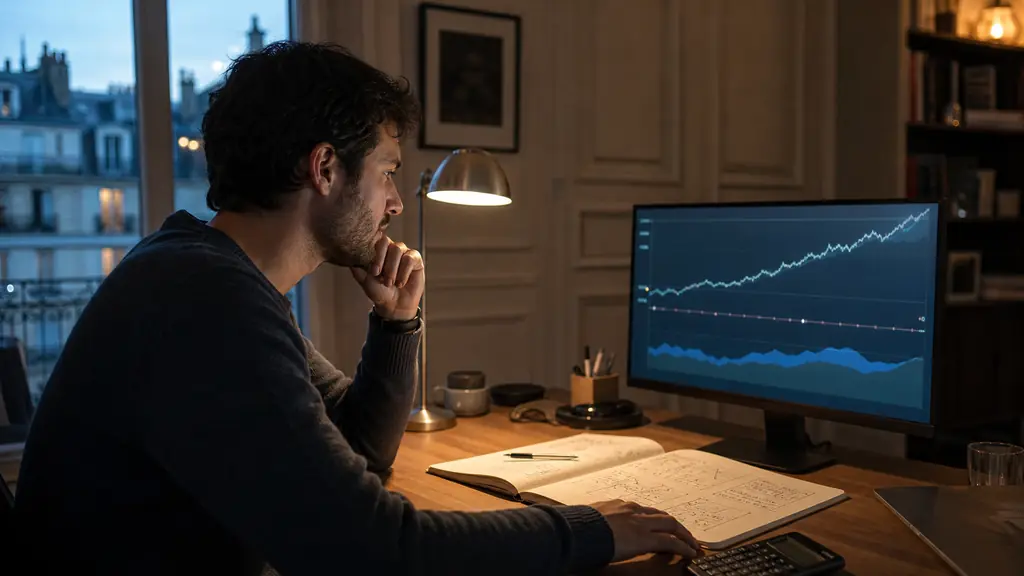A focused evening trader reviewing a simulated challenge dashboard showing a profit curve and drawdown limit, with a position sizing notebook beside the monitor, no visible text or logos