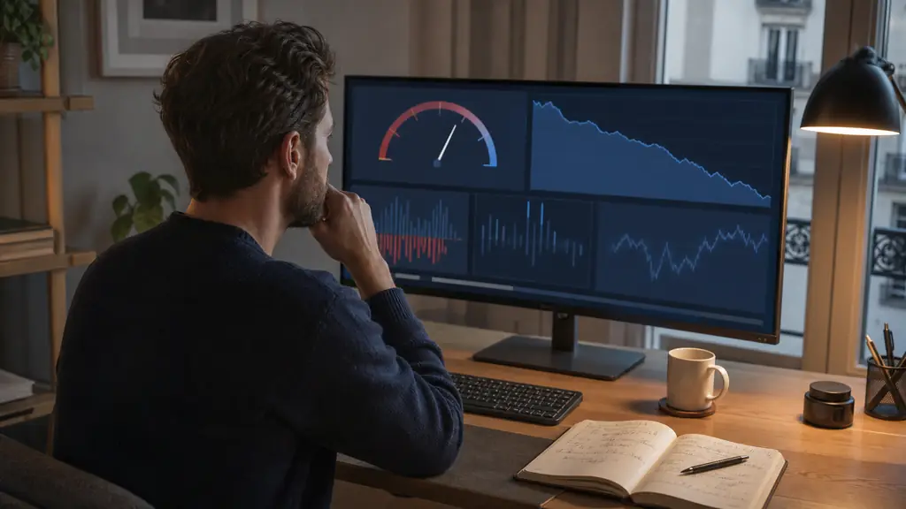 An evening trader checking a simulated evaluation dashboard with a daily loss gauge, an end-of-day drawdown curve and handwritten position sizing calculations, no visible text or logos