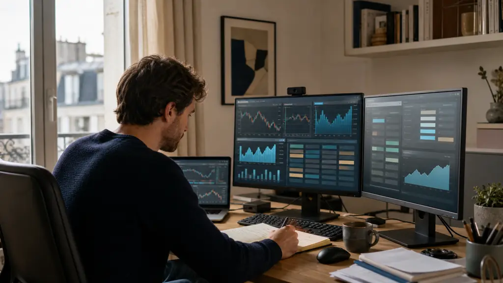 A focused retail trader at a desk comparing prop firm offers on multiple screens, taking notes on pricing, drawdown, payout rules and restrictions, realistic home office, editorial photography, no text, no logo