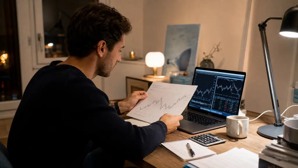 An editorial photo of a trader in a home office at night comparing a simple prop firm chart on paper, with a laptop showing market charts, a futures platform layout, and a notebook beside a calculator, no text or logo visible