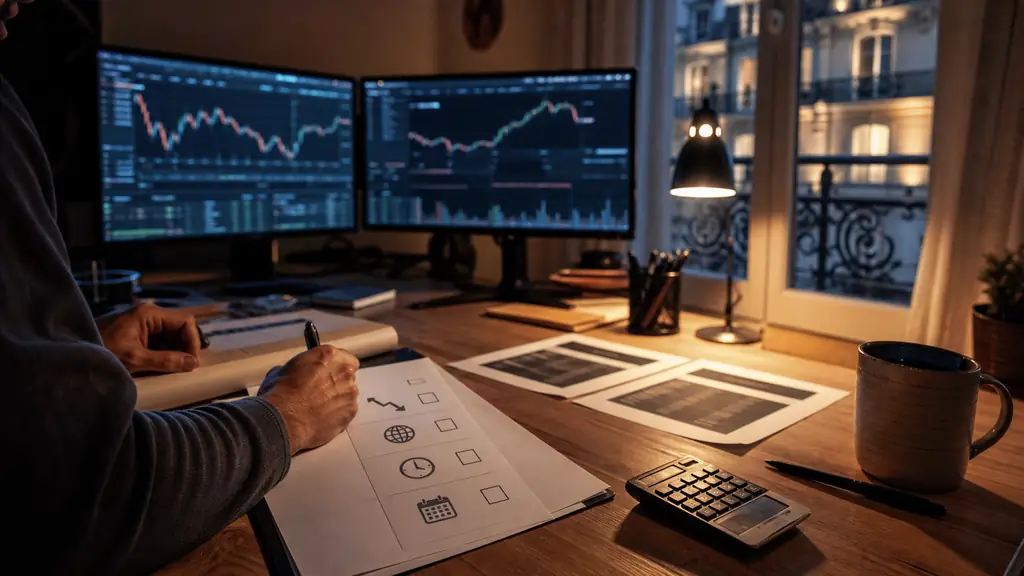 Editorial photo of a trader at a desk at night highlighting a printed checklist with daily drawdown, news trading, payout delay, and minimum trading days, with a calculator, a coffee mug, and two challenge pricing pages side by side, no text or logo