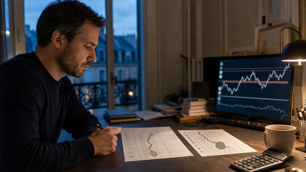 Evening trader comparing two challenge rule sheets beside a calculator and an index chart showing a daily loss threshold, editorial photography, no text, no logos