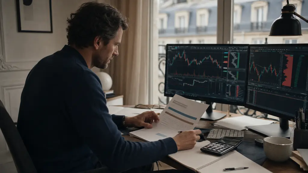Futures trader reviewing an evaluation invoice with reset, market data and payout fee lines beside a trading platform and calculator, editorial photography, no text, no logos