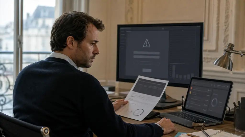 trader facing a disabled MetaTrader login screen while checking a platform migration notice and an unpaid payout dashboard, editorial office photography, no text, no logo