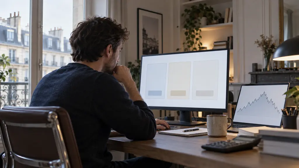 A trader at a home desk comparing three blank account option cards on a monitor, with a calculator and an equity drawdown chart visible, editorial photography, no text, no logos