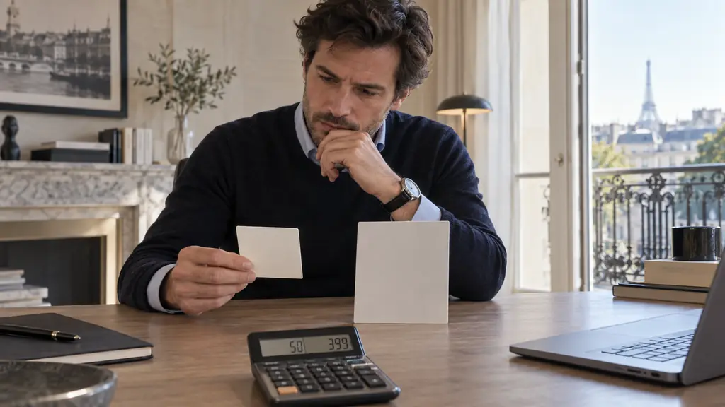 A trader comparing a 3,000-dollar instant account and a 100,000-dollar one-step challenge on two blank pricing cards, with a calculator showing 50 and 399 dollars, editorial photography, no text, no logos