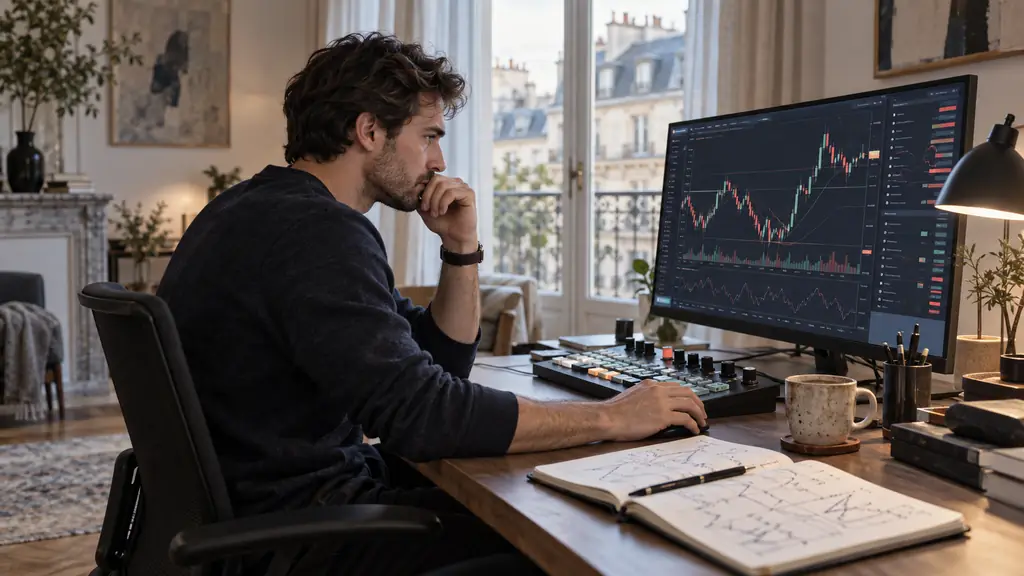 A trader studying candlestick charts on a monitor beside an order-entry panel and a handwritten risk-management plan, realistic editorial photography, no text, no logos