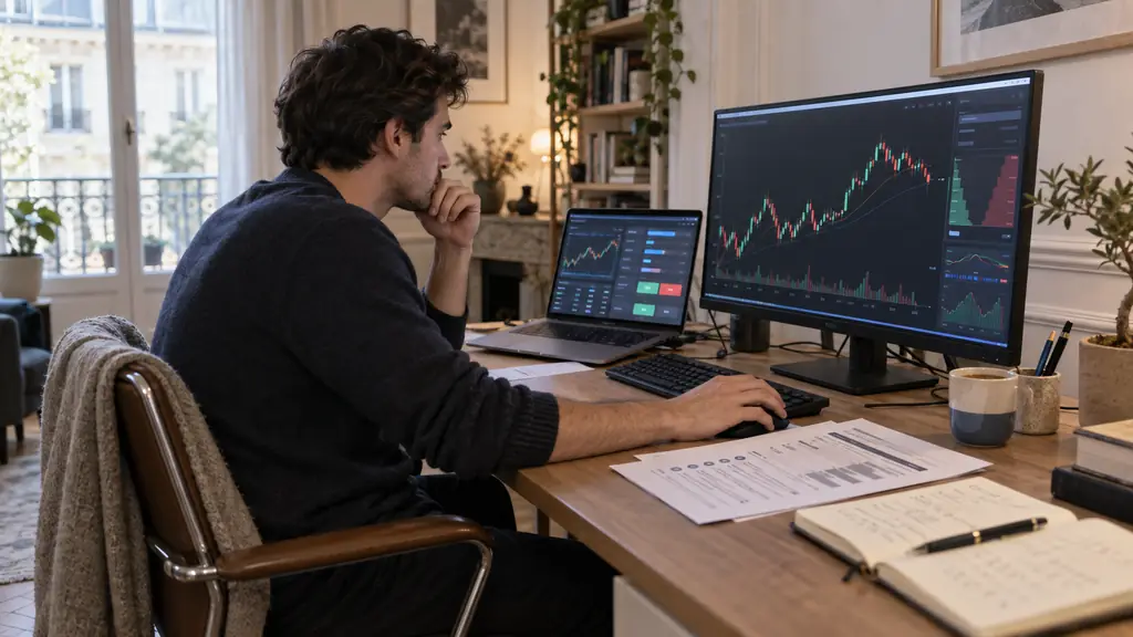 A part-time trader comparing an ETF candlestick chart with a Forex order-entry panel, a prop firm challenge rule sheet beside the keyboard, realistic editorial photography, no text, no logos