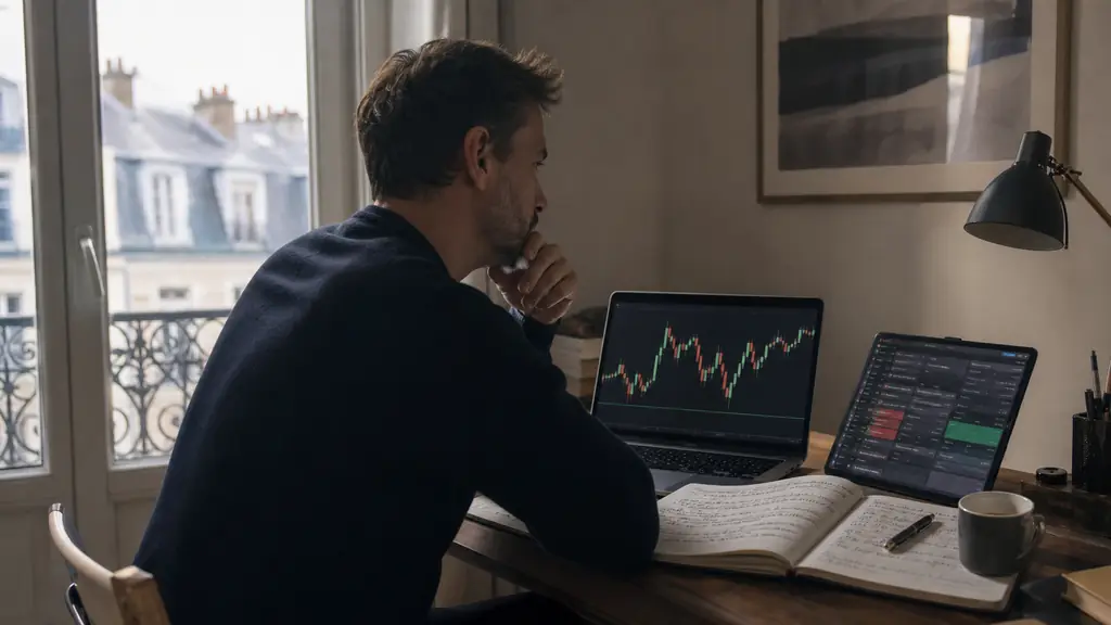 Editorial photograph of a trader reviewing a CAC 40 candlestick chart on a laptop beside a simulated order panel and a handwritten risk journal, no readable text, no logo