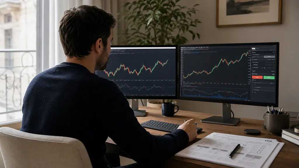 Editorial photograph of a learner comparing a CAC 40 chart and a Bitcoin chart on two monitors, with a paper risk plan and a demo trading order panel, no readable text, no logo