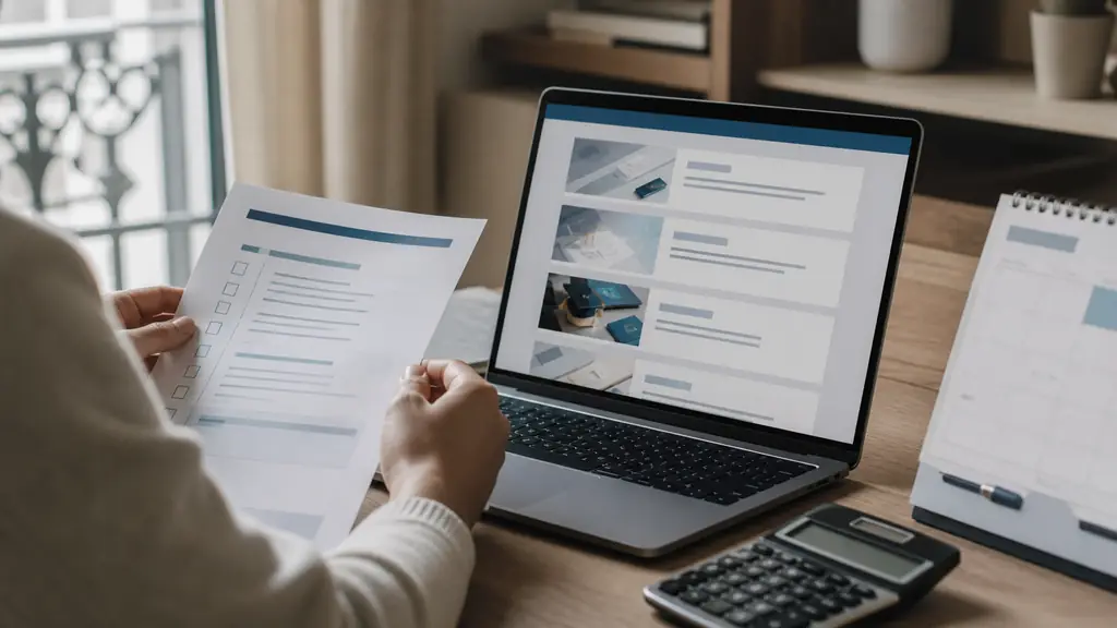 Close-up editorial photograph of a person comparing an online training listing on a laptop with a paper checklist, a calculator and a desk calendar nearby, no readable text or logos