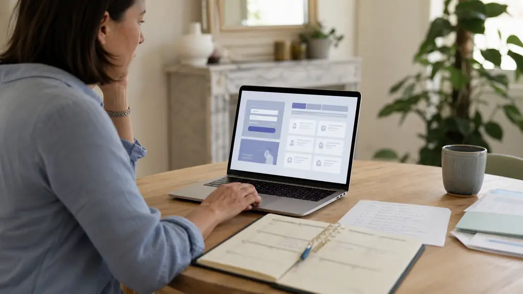 Editorial photograph of a person using FranceConnect on a laptop while checking a training offer, a personal calendar and a handwritten funding checklist on the desk, no readable text or logos