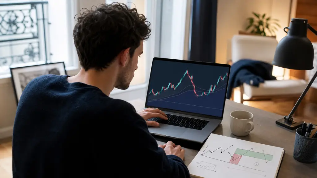A beginner trader at a desk placing a simulated order on a laptop, with a candlestick chart and a handwritten risk-reward plan beside the keyboard, no visible text or logos