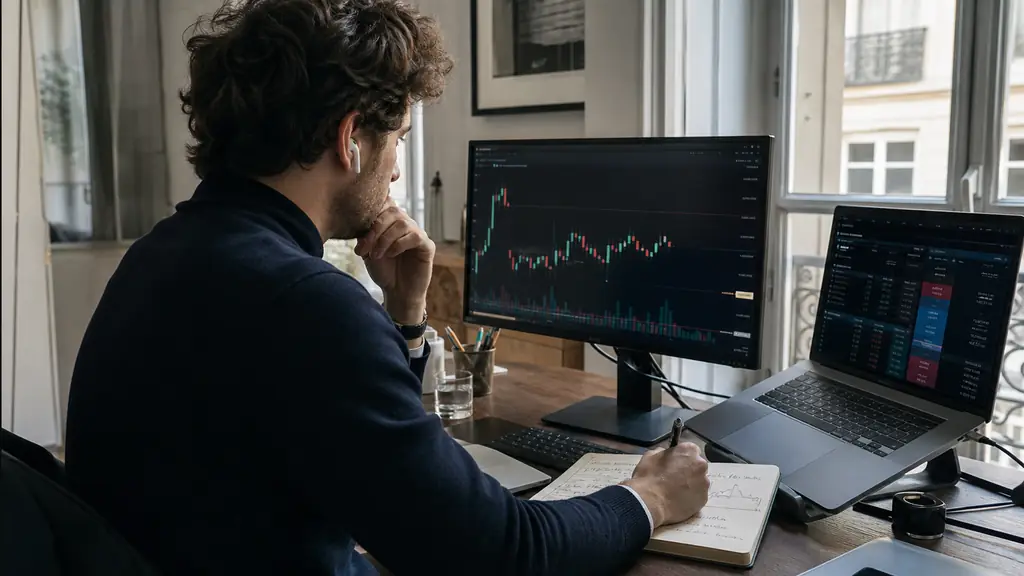 A trader reviewing a candlestick chart beside an economic calendar, while recording position size and exit conditions in a paper journal, no visible text or logos