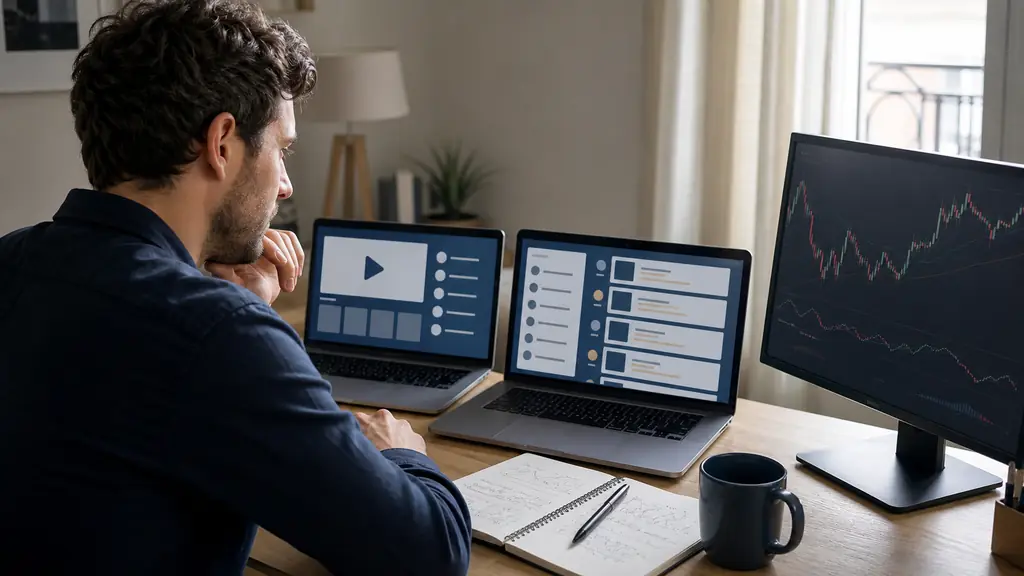 A home trader comparing a free broker video course and a paid curriculum on two laptop windows, with a demo trading chart and handwritten risk management notes on the desk, editorial photography, no text, no logos