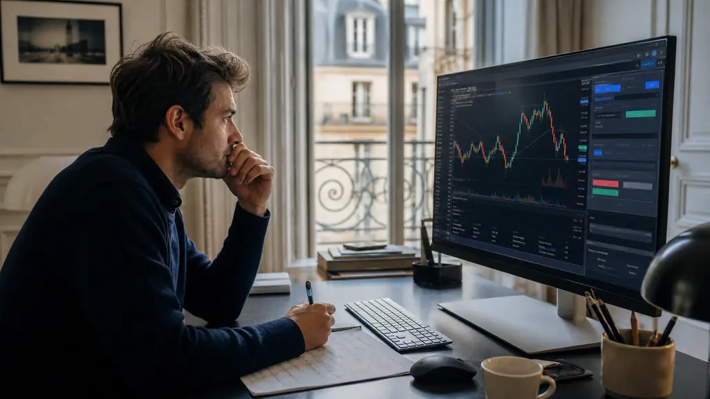 A trader reviewing candlestick charts and technical indicators beside a handwritten position sizing plan, with a demo trading order ticket open on screen, editorial photography, no text, no logos