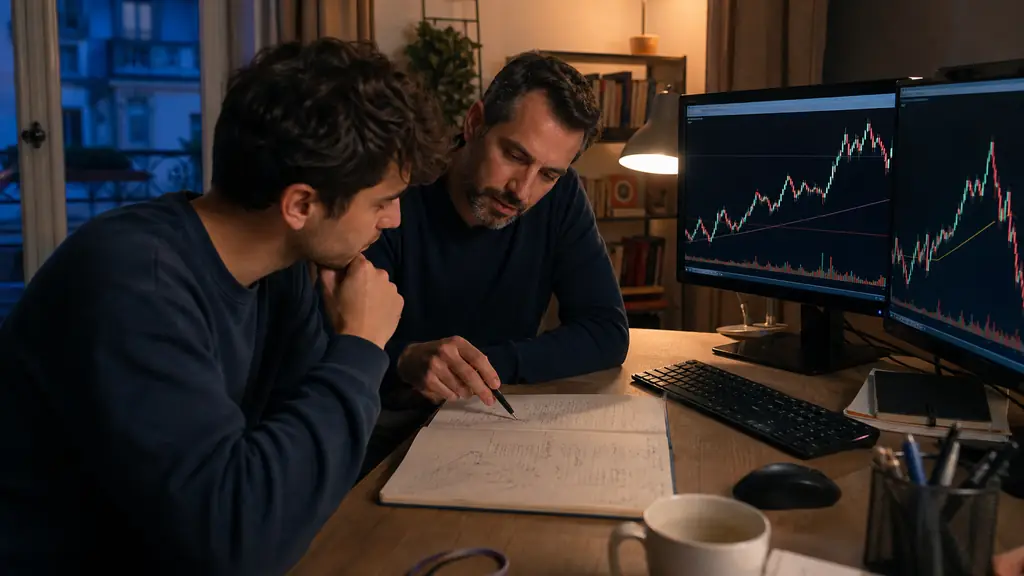 A trading mentor and a beginner reviewing a handwritten trading journal beside two monitors displaying market charts, in a quiet evening workspace, editorial photography, no text, no logo