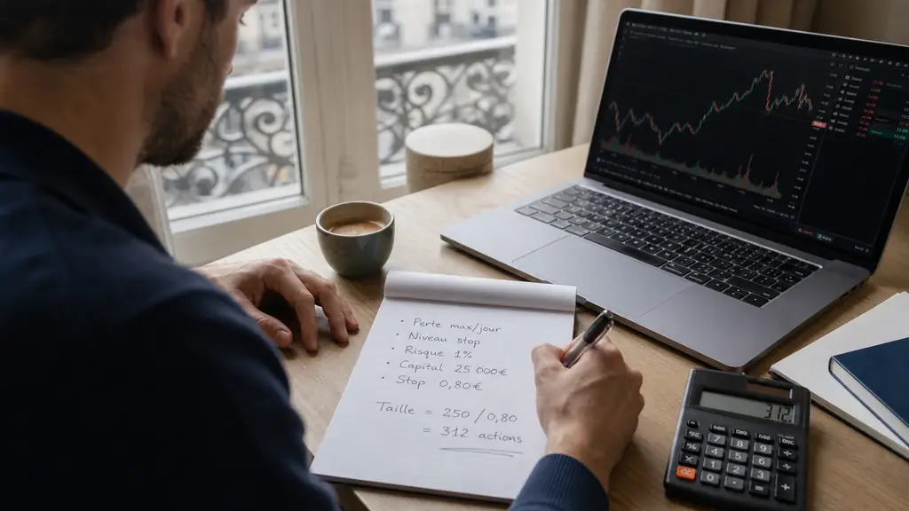 A trader calculating position size on a notepad beside a laptop, with a handwritten daily loss limit and stop level checklist visible, editorial photography, no text overlay, no logo