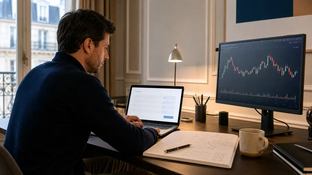 A trader completing an online market quiz on a laptop beside a demo trading screen with candlestick charts and a handwritten risk management plan, editorial photography, no text, no logos