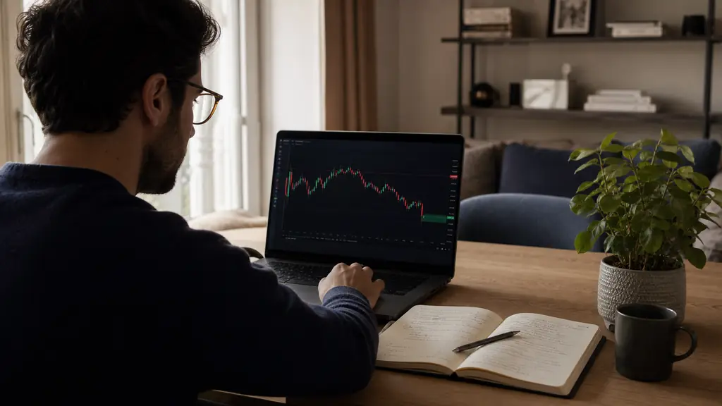 A trader placing a stop order on a demo trading screen, with a candlestick chart and a handwritten risk management journal beside the laptop, editorial photography, no text, no logos