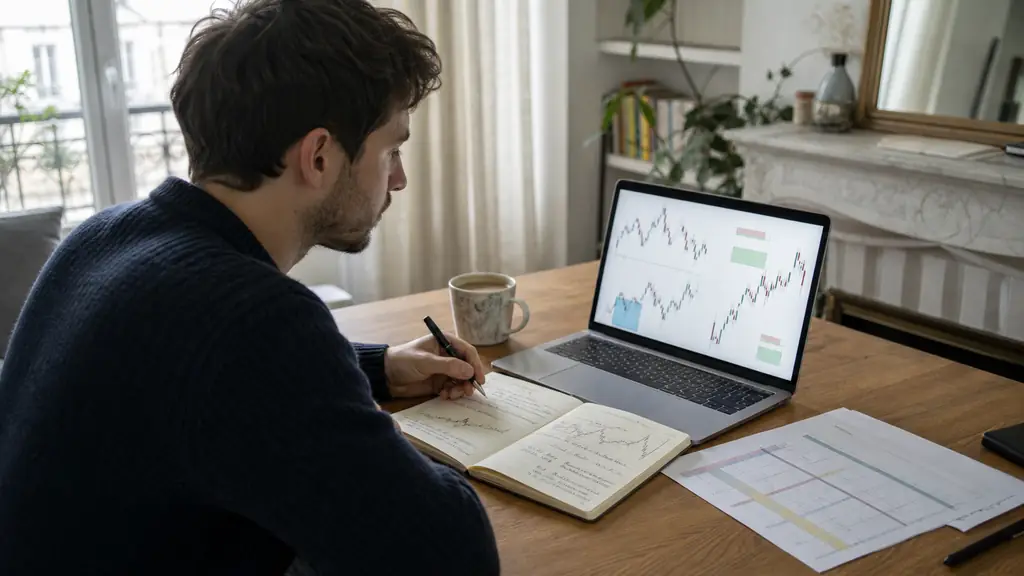 Editorial photograph of a beginner trader viewing a PDF with candlestick diagrams on a laptop, an open paper trading journal and a budget table beside it, no visible text or logos