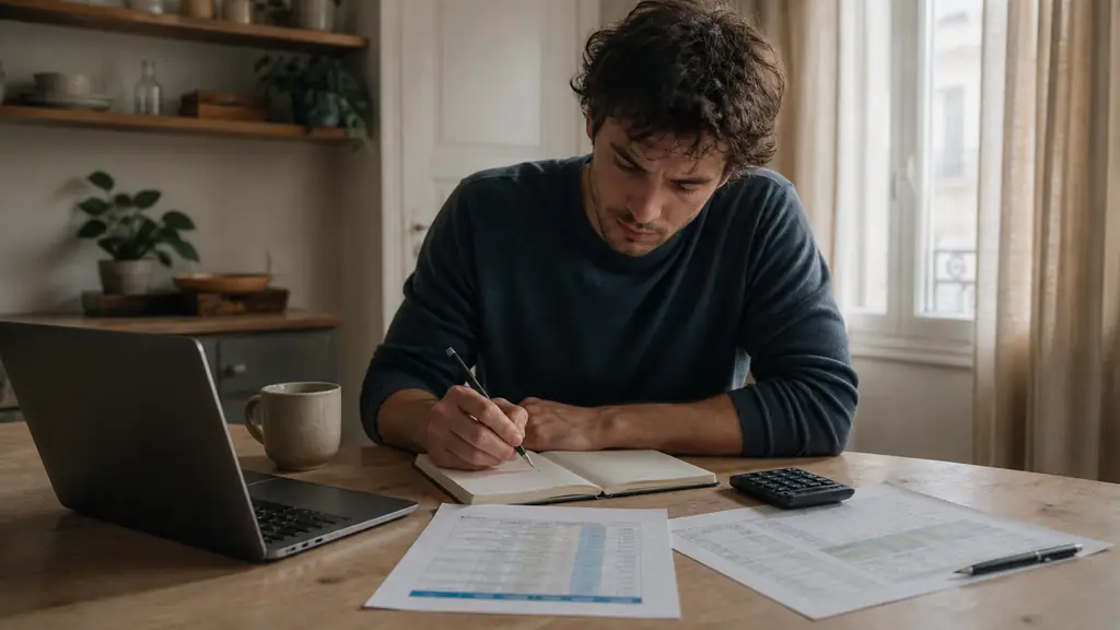 Editorial photograph of a beginner trader filling in a paper trading journal beside a household budget spreadsheet and a stock scoring worksheet, no visible text or logos