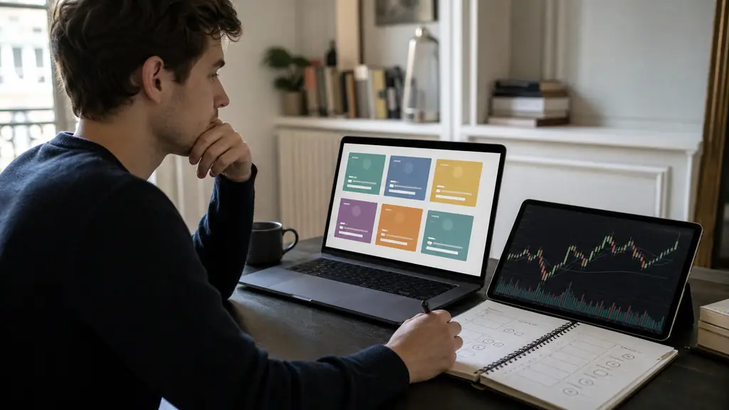 Editorial photograph of a young man comparing six color-coded online course cards on a laptop, with a demo trading chart and quiz notebook beside it, no visible text or logos