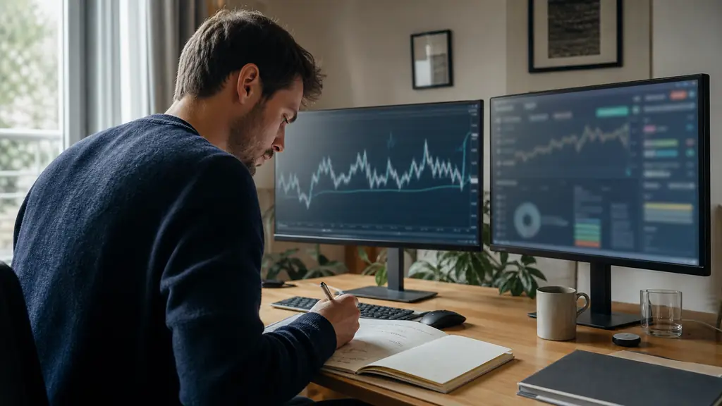 Editorial photograph of a trader recording a stop order in a paper trading journal beside a volatility chart and a demo account screen showing virtual capital, no visible text or logos
