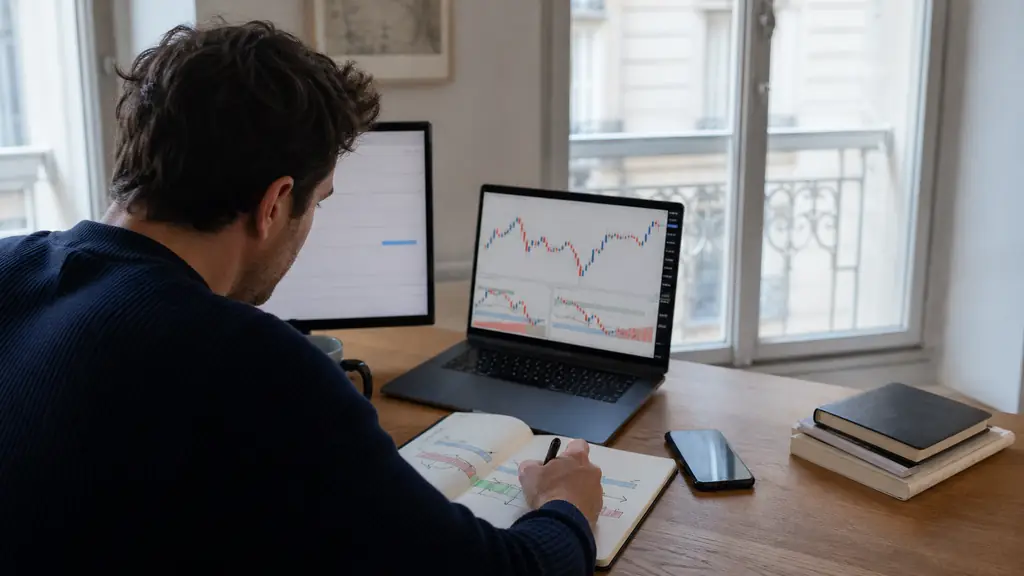 trader completing an email form beside a laptop displaying a PDF guide with candlestick charts and a paper notebook showing a stop loss plan, no visible text or logos