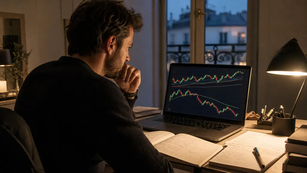 evening trader reviewing two conflicting indicator charts on a laptop beside a handwritten entry and stop checklist and an open trading journal, no visible text or logos